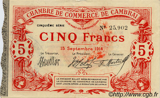 5 Francs FRANCE regionalismo e varie Cambrai 1914 JP.037.33 BB to SPL