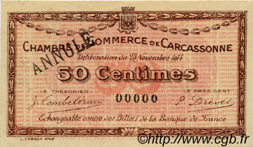 50 Centimes Annulé FRANCE regionalismo e varie Carcassonne 1914 JP.038.05 BB to SPL