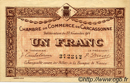 1 Franc FRANCE Regionalismus und verschiedenen Carcassonne 1914 JP.038.06 SS to VZ