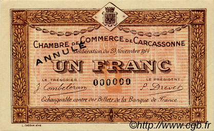 1 Franc Annulé FRANCE regionalism and miscellaneous Carcassonne 1914 JP.038.08 AU+