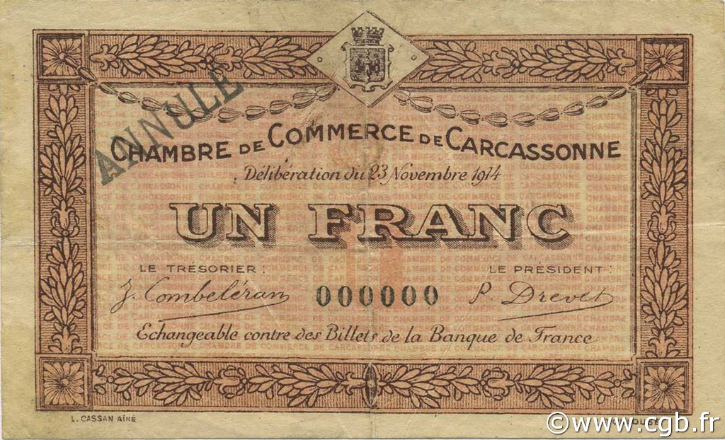 1 Franc Annulé FRANCE regionalismo e varie Carcassonne 1914 JP.038.09 MB