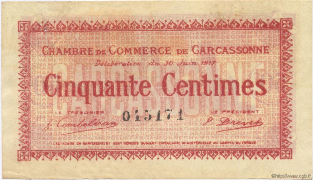 50 Centimes FRANCE regionalism and various Carcassonne 1917 JP.038.11 AU+