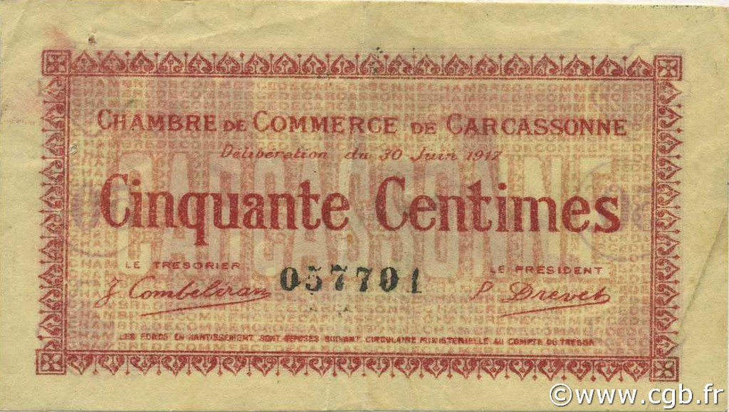 50 Centimes FRANCE régionalisme et divers Carcassonne 1917 JP.038.11 TB