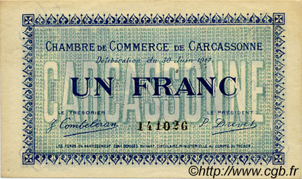 1 Franc FRANCE Regionalismus und verschiedenen Carcassonne 1917 JP.038.13 SS to VZ