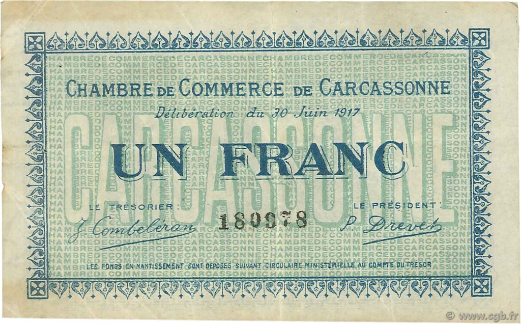1 Franc FRANCE regionalism and various Carcassonne 1917 JP.038.13 F