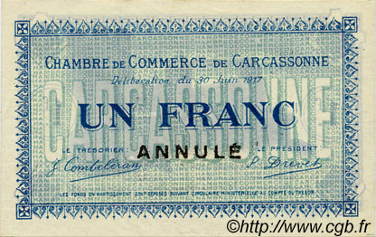 1 Franc Annulé FRANCE regionalismo e varie Carcassonne 1917 JP.038.14 AU a FDC