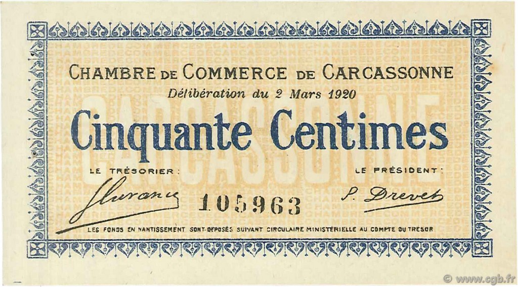50 Centimes FRANCE Regionalismus und verschiedenen Carcassonne 1920 JP.038.15 fST to ST