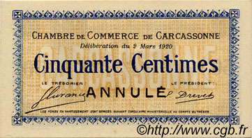 50 Centimes Annulé FRANCE regionalism and various Carcassonne 1920 JP.038.16 AU+