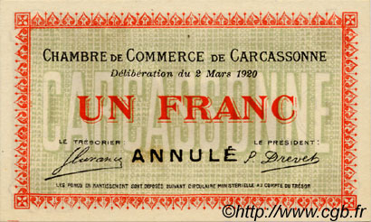 1 Franc Annulé FRANCE regionalism and various Carcassonne 1920 JP.038.18 AU+