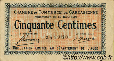 50 Centimes FRANCE regionalism and miscellaneous Carcassonne 1922 JP.038.19 VF - XF