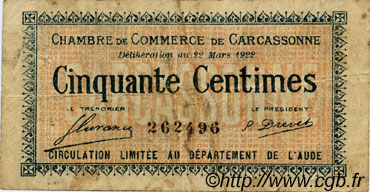 50 Centimes  FRANCE régionalisme et divers Carcassonne 1922 JP.038.19 TB