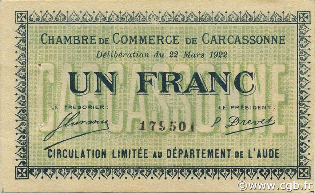 1 Franc FRANCE regionalism and miscellaneous Carcassonne 1922 JP.038.21 AU+