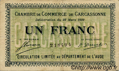 1 Franc FRANCE régionalisme et divers Carcassonne 1922 JP.038.21 TB