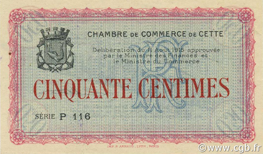 50 Centimes Annulé FRANCE regionalism and various Cette, actuellement Sete 1915 JP.041.03 AU+