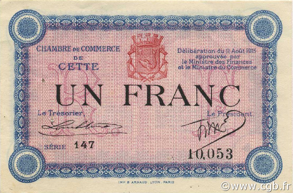 1 Franc FRANCE regionalism and various Cette, actuellement Sete 1915 JP.041.14 AU+