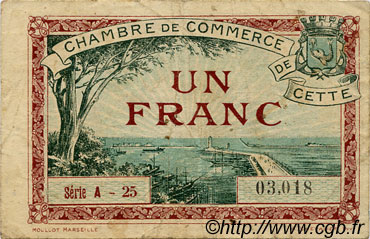 1 Franc FRANCE regionalismo y varios Cette, actuellement Sete 1922 JP.041.21 MBC a EBC