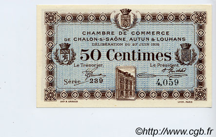 50 Centimes FRANCE regionalism and miscellaneous Châlon-Sur-Saône, Autun et Louhans 1916 JP.042.01 AU+