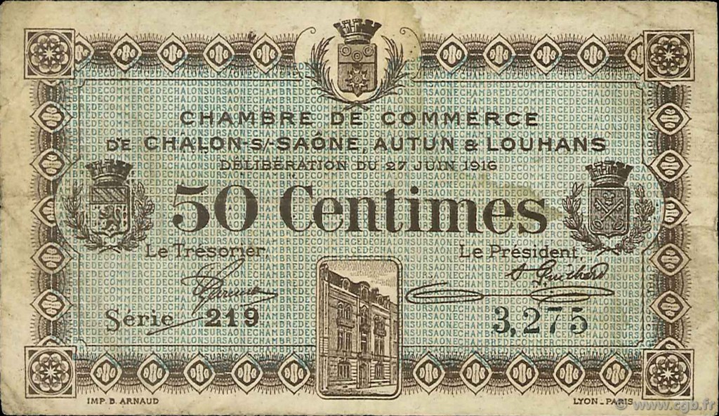 50 Centimes FRANCE régionalisme et divers Châlon-Sur-Saône, Autun et Louhans 1916 JP.042.01 TB
