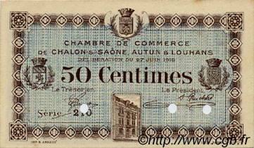 50 Centimes Spécimen FRANCE regionalism and miscellaneous Châlon-Sur-Saône, Autun et Louhans 1916 JP.042.02 AU+