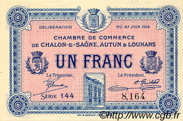 1 Franc FRANCE regionalism and miscellaneous Châlon-Sur-Saône, Autun et Louhans 1916 JP.042.04 AU+