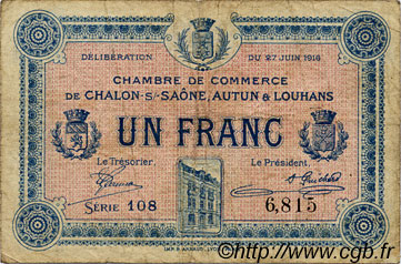 1 Franc FRANCE régionalisme et divers Châlon-Sur-Saône, Autun et Louhans 1916 JP.042.04 TB