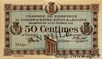 50 Centimes Annulé FRANCE regionalismo e varie Châlon-Sur-Saône, Autun et Louhans 1916 JP.042.09 AU a FDC