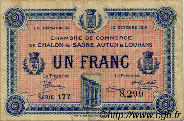 1 Franc FRANCE régionalisme et divers Châlon-Sur-Saône, Autun et Louhans 1916 JP.042.10 TB