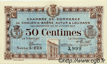 50 Centimes FRANCE regionalism and miscellaneous Châlon-Sur-Saône, Autun et Louhans 1917 JP.042.12 AU+
