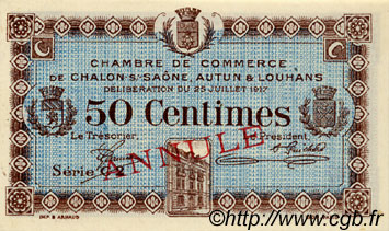 50 Centimes Annulé FRANCE regionalism and various Châlon-Sur-Saône, Autun et Louhans 1917 JP.042.13 AU+