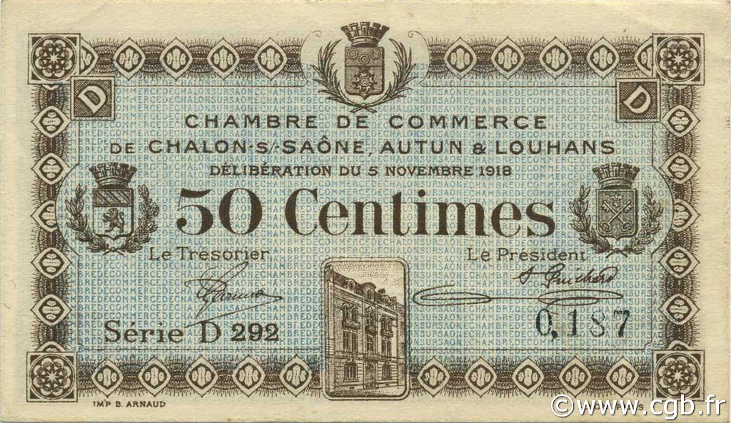 50 Centimes FRANCE Regionalismus und verschiedenen Châlon-Sur-Saône, Autun et Louhans 1918 JP.042.16 SS to VZ