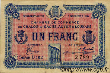 1 Franc FRANCE regionalism and miscellaneous Châlon-Sur-Saône, Autun et Louhans 1918 JP.042.18 VF - XF
