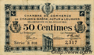50 Centimes FRANCE Regionalismus und verschiedenen Châlon-Sur-Saône, Autun et Louhans 1919 JP.042.20 SS to VZ