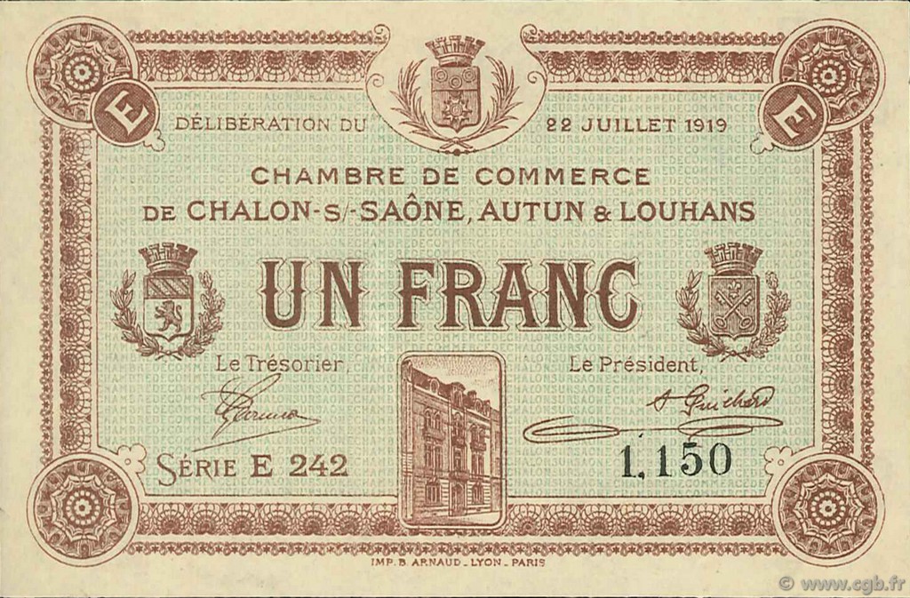 1 Franc FRANCE Regionalismus und verschiedenen Châlon-Sur-Saône, Autun et Louhans 1919 JP.042.22 fST to ST