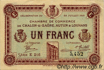 1 Franc FRANCE Regionalismus und verschiedenen Châlon-Sur-Saône, Autun et Louhans 1919 JP.042.22 SS to VZ