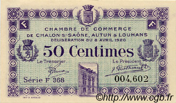 50 Centimes FRANCE Regionalismus und verschiedenen Châlon-Sur-Saône, Autun et Louhans 1920 JP.042.24 fST to ST