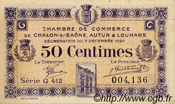 50 Centimes FRANCE Regionalismus und verschiedenen Châlon-Sur-Saône, Autun et Louhans 1920 JP.042.28 SS to VZ