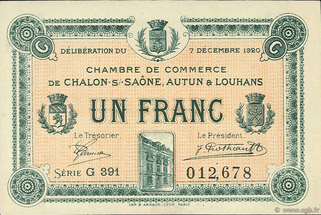 1 Franc FRANCE regionalism and various Châlon-Sur-Saône, Autun et Louhans 1920 JP.042.30 AU+