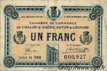 1 Franc FRANCE régionalisme et divers Châlon-Sur-Saône, Autun et Louhans 1920 JP.042.30 TB