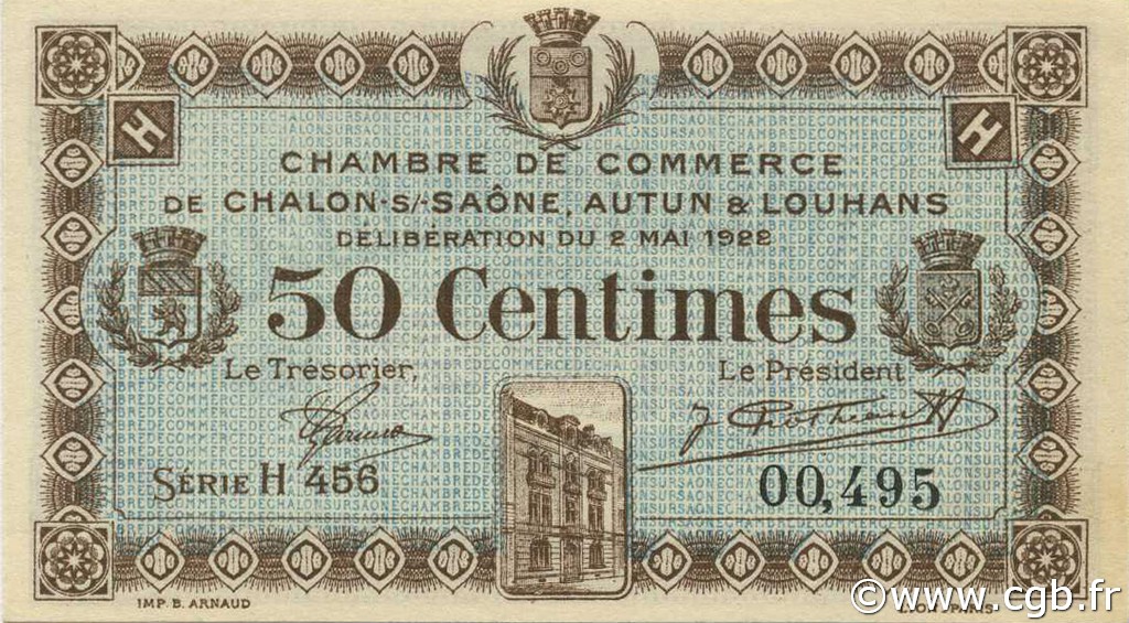 50 Centimes FRANCE regionalismo y varios Châlon-Sur-Saône, Autun et Louhans 1922 JP.042.32 SC a FDC