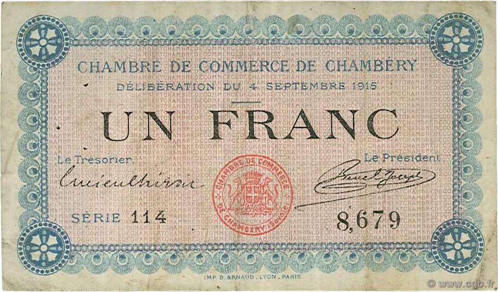 1 Franc FRANCE régionalisme et divers Chambéry 1915 JP.044.01 TB