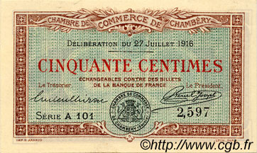 50 Centimes FRANCE regionalism and miscellaneous Chambéry 1916 JP.044.07 AU+