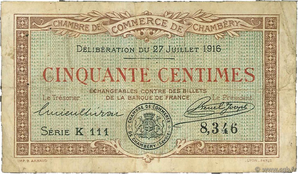 50 Centimes FRANCE regionalismo y varios Chambéry 1916 JP.044.07 BC