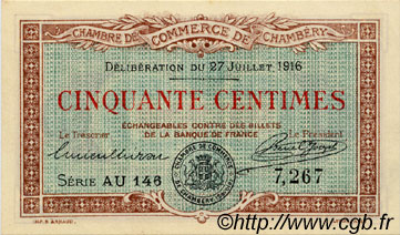 50 Centimes FRANCE regionalism and miscellaneous Chambéry 1916 JP.044.08 AU+