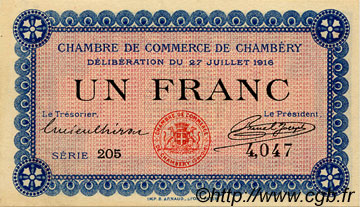 1 Franc FRANCE regionalism and miscellaneous Chambéry 1916 JP.044.09 AU+