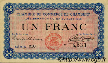 1 Franc FRANCE regionalism and miscellaneous Chambéry 1916 JP.044.09 VF - XF