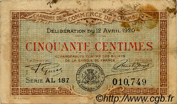50 Centimes FRANCE regionalismo y varios Chambéry 1920 JP.044.12 BC