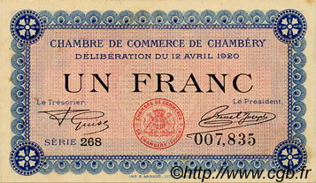 1 Franc FRANCE regionalism and miscellaneous Chambéry 1920 JP.044.14 VF - XF