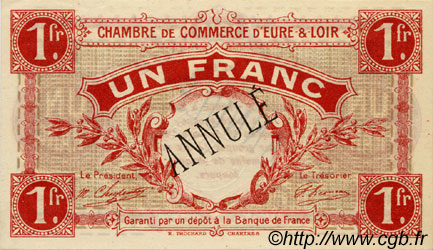 1 Franc Annulé FRANCE regionalismo e varie Chartres 1915 JP.045.04 AU a FDC