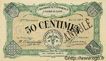 50 Centimes Annulé FRANCE regionalism and miscellaneous Chartres 1917 JP.045.06 AU+
