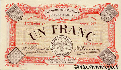 1 Franc FRANCE regionalismo y varios Chartres 1917 JP.045.07 SC a FDC